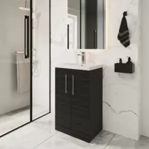 Image of Nuie Arno Compact Floor Standing 2-Door Vanity Unit with Ceramic Basin 500mm Wide - Charcoal Black Woodgrain
