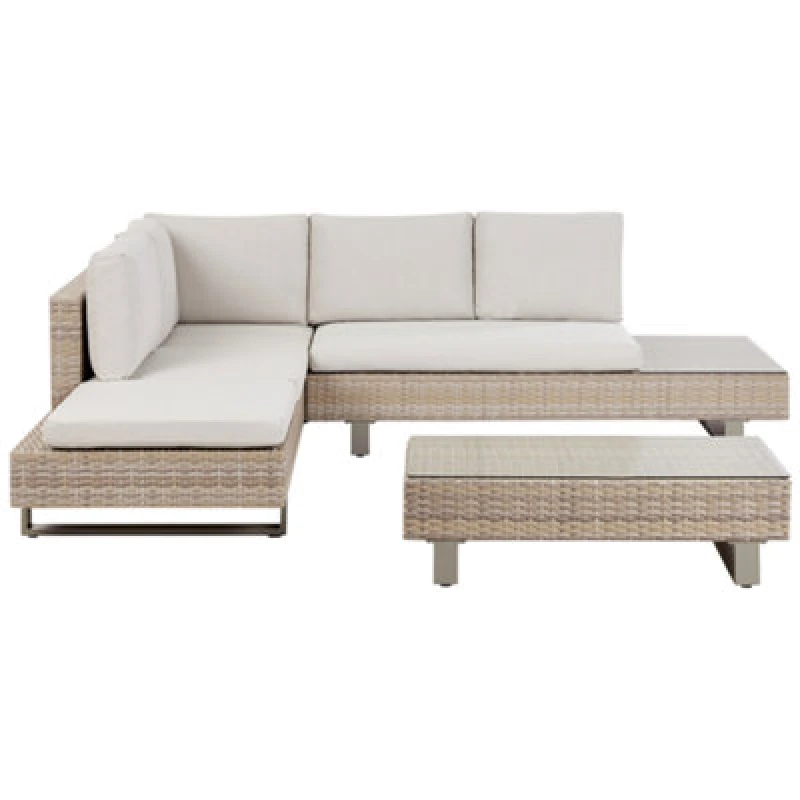 Image of Beliani Garden Corner Sofa With Table 5 Seater Lanciano Right Hand Pe Rattan Off-White