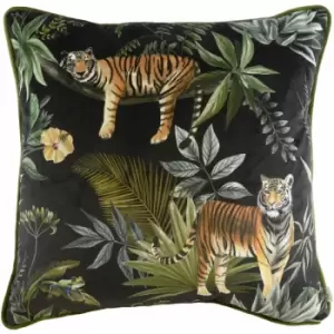 Image of Evans Lichfield - Jungle Tiger Print Faux Velvet Piped Edge Cushion Cover, Petrol, 43 x 43 Cm