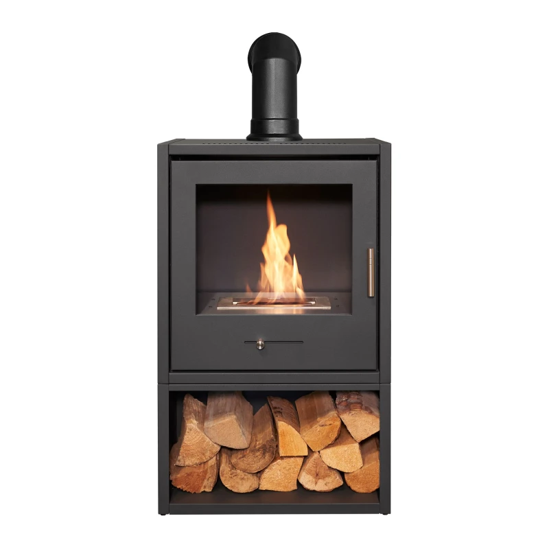 Image of OKO Bio Ethanol Fires S3 Bio Ethanol Stove with Log Storage in Charcoal Grey & Angled Stove Pipe Grey Unisex