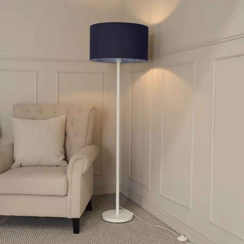 Image of ValueLights Charlie White Single Stem Floor Lamp with Fabric Drum Lamp Shade and LED Bulb Navy