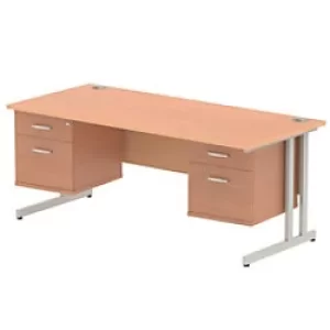Image of Dynamic Rectangular Office Desk Beech MFC Cantilever Leg Silver Frame Impulse 2 x 2 Drawer Fixed Ped 1800 x 800 x 730mm