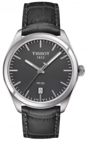 Image of Tissot Mens PR100 Embossed Grey Leather Strap Grey Dial Watch