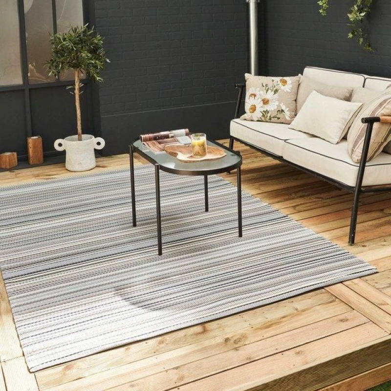Image of THE RUGS Waterproof Plastic Outdoor Rugs for Garden Patio Balcony Camping - Striped - Rainbow 1020 Grey Size: 180cm x 270cm Grey Unisex 180cm x 2