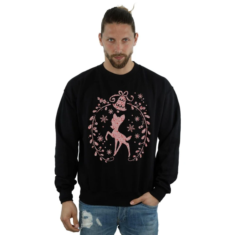 Image of Disney Men Bambi Christmas Wreath Sweatshirt in Black Size: Small Black S Male 5057245992459
