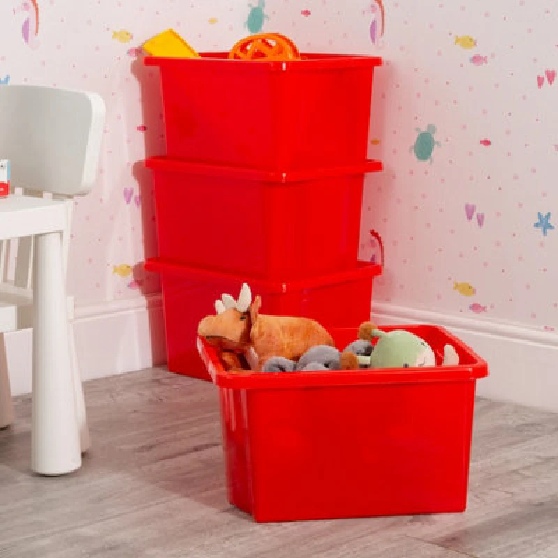 Image of Wham Stack & Store 4X 30L Plastic Storage Boxes. Ideal For Toys, Classrooms & Playrooms. Integrated Handles. Red