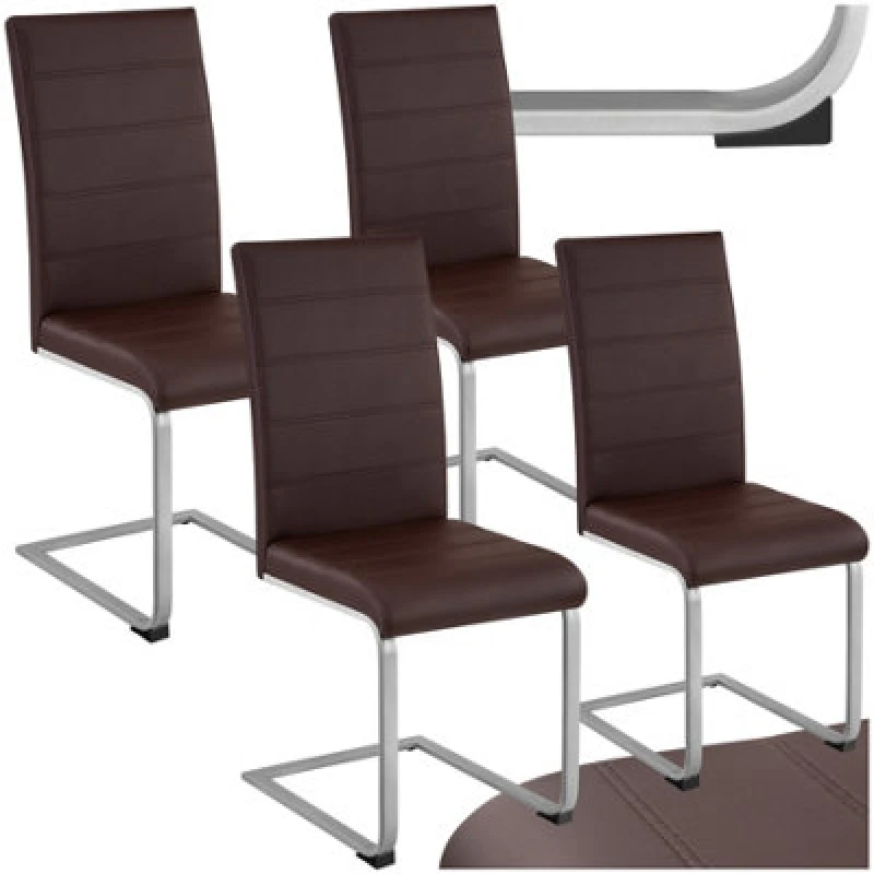 Image of Tectake Set Of 4 Dining Chairs - Cantilevered, High Backrest, Flat Steel Frame - Brown