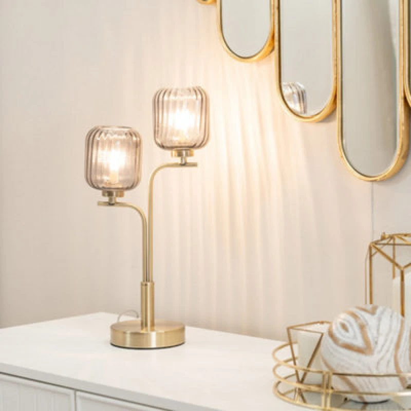 Image of ValueLights Amelie Gold Stem 2 Way Ribbed Glass Lamp Table Light with LED Bulbs Gold