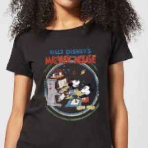 Image of Disney Mickey Mouse Retro Poster Piano Womens T-Shirt - Black