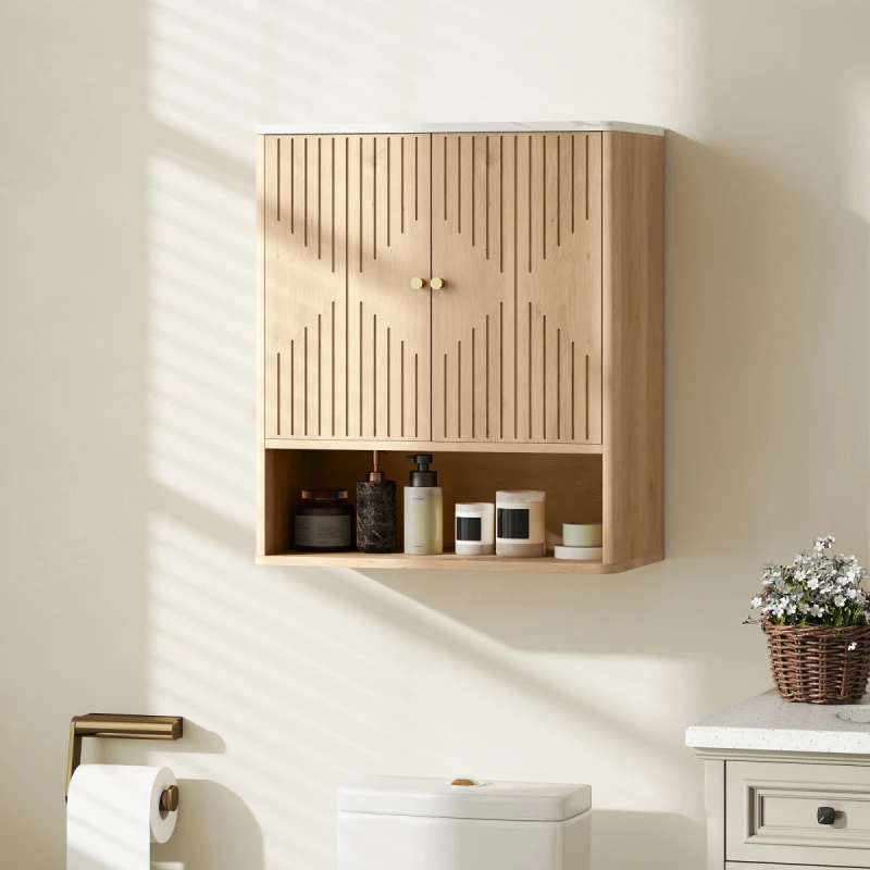 Image of HOMCOM HOMCOM Bathroom Wall Cabinet with Adjustable Shelf and Open Shelf, Oak in Light Oak Light Oak One Size Unisex 5063603609884