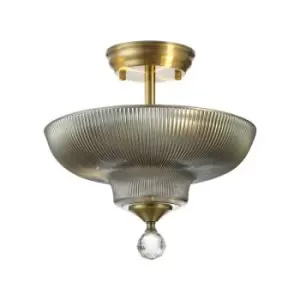Image of Luminosa Talisa 2 Light Semi Flush Ceiling Lamp E27 With Round 30cm Glass Shade Antique Brass, Smoked