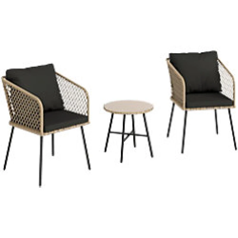 Image of Outsunny 3 Piece Rattan Bistro Set with Cushions, Nature Wood Finish, Brown 863-191V70ND