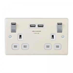Image of Masterplug Cream Low Profile Switched Double 13A Socket 13A + 2 x USB Port Insert