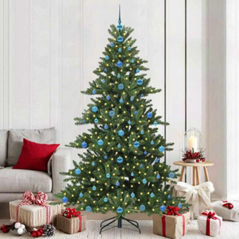 Image of vidaXL Artificial Hinged Christmas Tree with 300 LEDs, Blue Balls 210cm PVC, Green 3397686