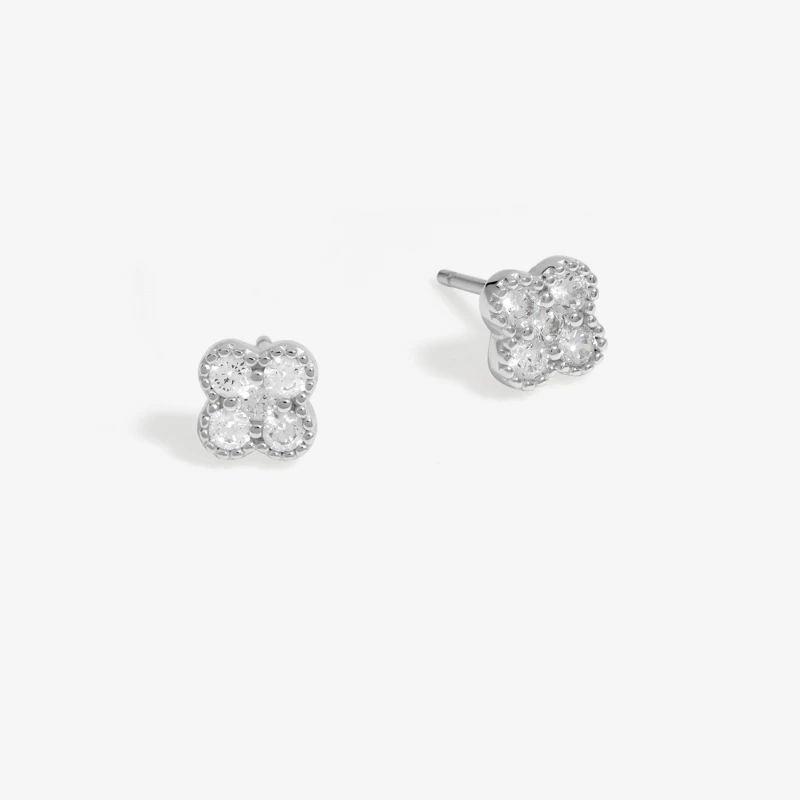 Image of Simply Silver Sterling Silver 925 Polished and Cubic Zirconia Pave Clover Stud Earrings Silver female