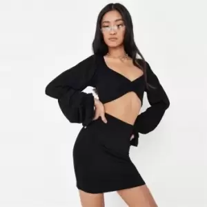 Image of Missguided Ls Puff Sleeve Crop and Skirt Set - Black