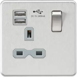 Image of MLA Knightsbridge 13A 1 Gang Socket With Dual USB Charger (2.4A) Brushed Chrome W/Grey Insert - SFR9124BCG