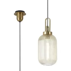 Image of Luminosa 1 Light Pendant E27 With 20cm Tubular Ribbed Glass, Champagne Brass Gold, Matt Black