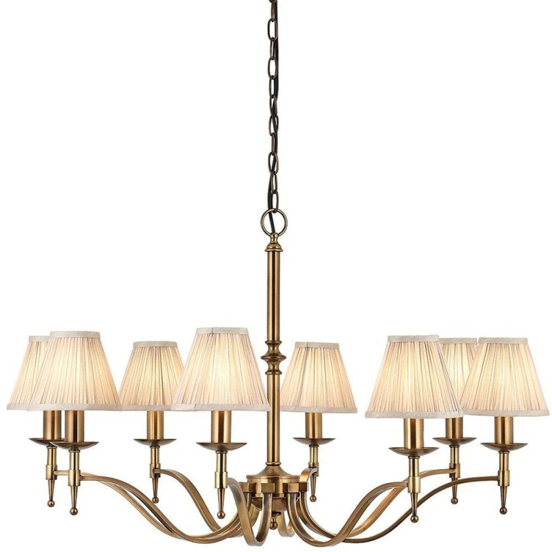 Image of Loops Avery Ceiling Pendant Chandelier Light 8 Lamp Antique Brass & Beige Pleat Shade Metallics