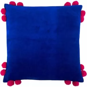 Image of Hoola Pop Pom 100% Cotton Fringed Cushion Cover, Blue/Pink, 45 x 45cm - Furn