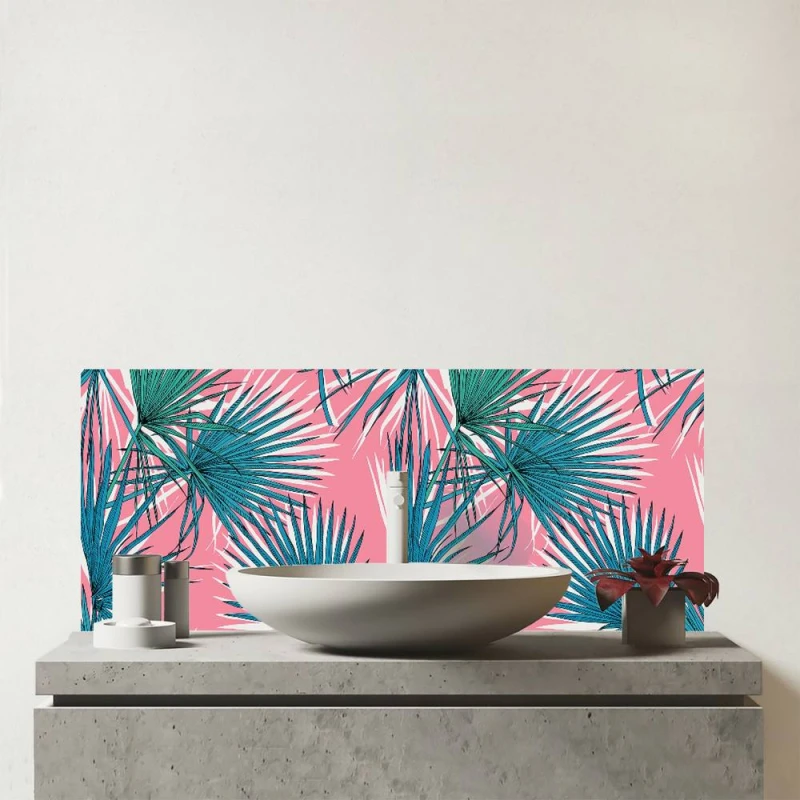 Image of Warren Reed - Designer Pink Green Fan Palms Glass Bathroom Splashback Pink Unisex