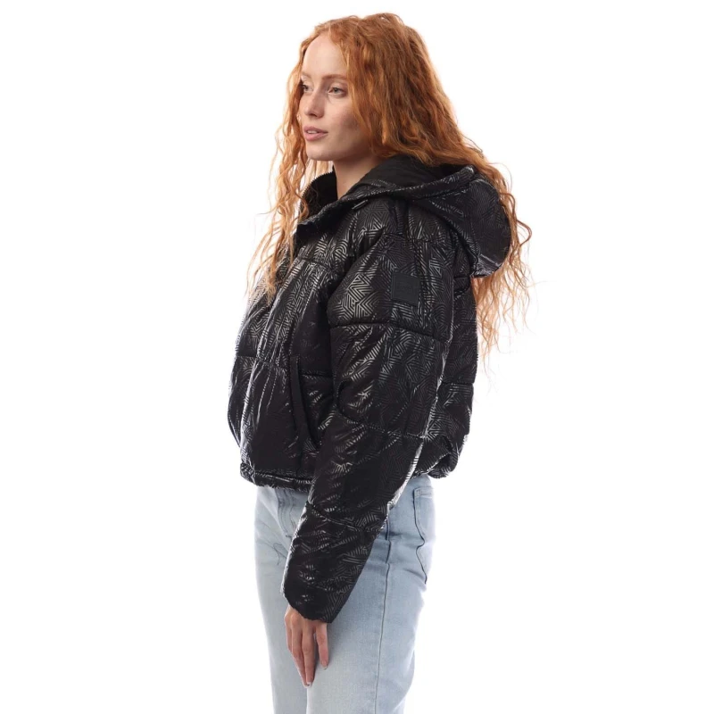 Image of DKNY Crosswalk-Print Cropped Hooded Jacket Black female XS