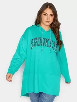 Image of Yours Slogan Longline Hoodie, Green, Size 20, Women