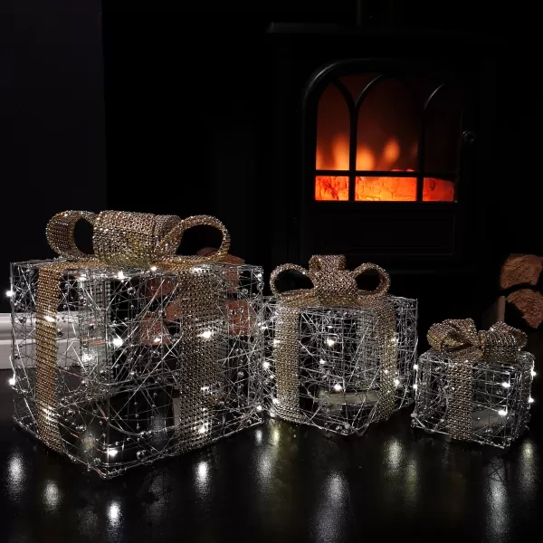 Image of Set of 3 Battery Operated Silver Christmas Gift Boxes with LEDs