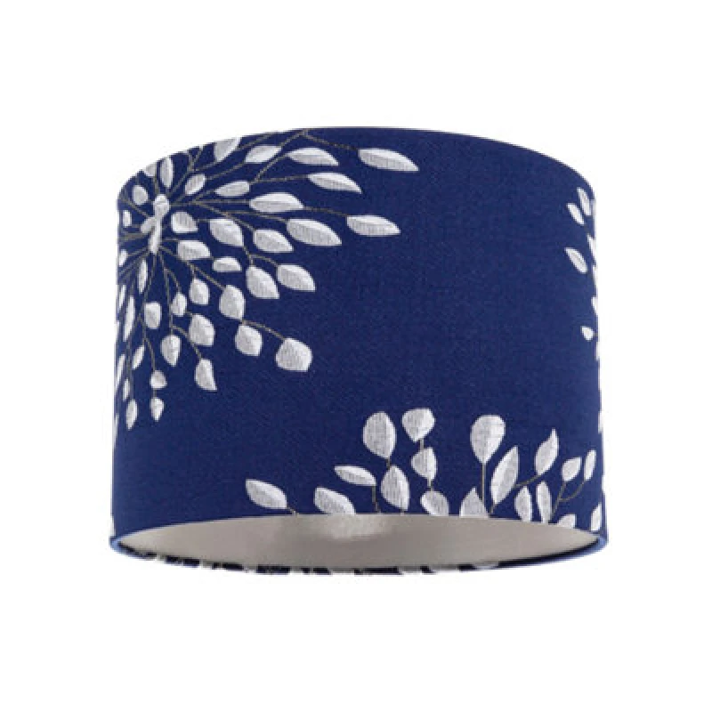 Image of Happy Homewares Modern Navy Midnight Blue Drum Lampshade With Off-White Floral Decoration