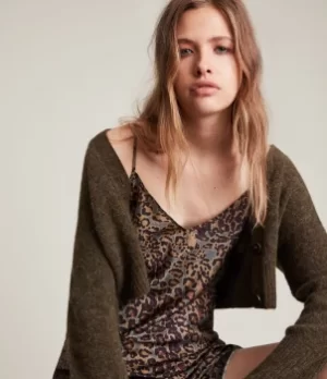 Image of AllSaints Womens Tiana Halftone Slip Dress, Green and Brown, Size: S