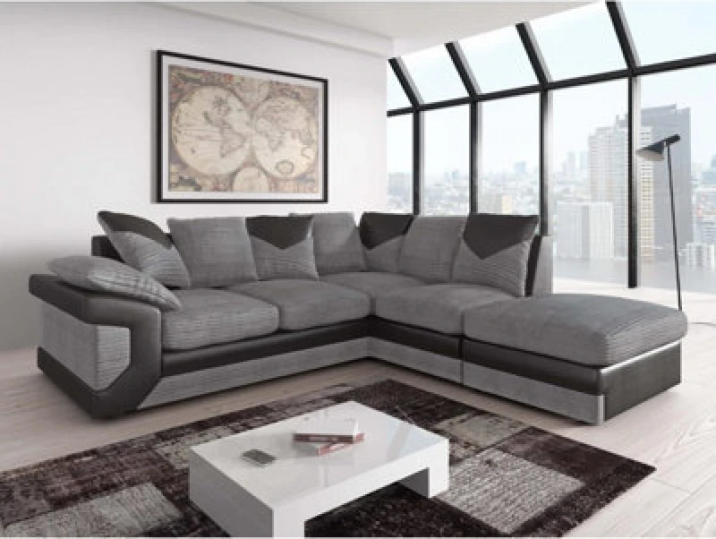 Image of Furnishings For Less UK Dino Large Black And Grey L Shaped Corner Sofa With Footstool - Right Hand Facing