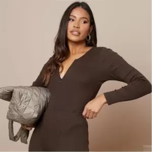 Image of I Saw It First Cotton Rib Zip Front Long Sleeve Bodysuit - Brown