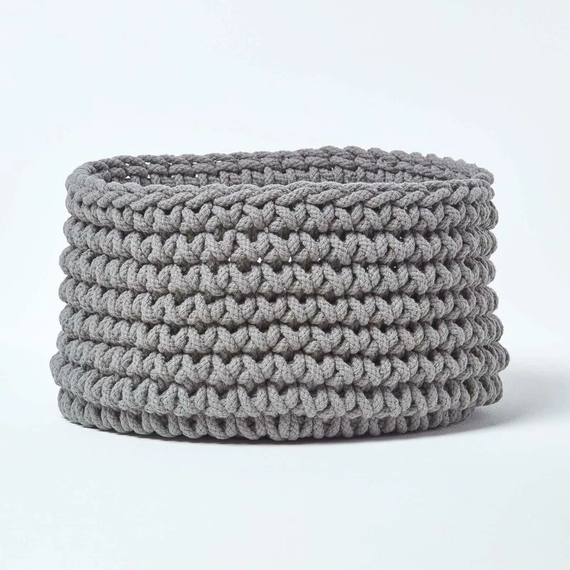 Image of Homescapes Cotton Knitted Round Storage Basket, 37 x 21cm Grey