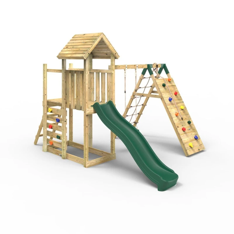 Image of OutdoorToys Extended Tower Garden Wooden Climbing Frame with Swings & Slide for Kids - Bear in Beige Beige Unisex