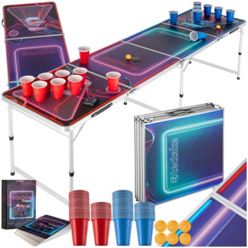 Image of Tectake Drink Pong Table - Aluminium, LED Lighting, 100 Cups, 6 Balls