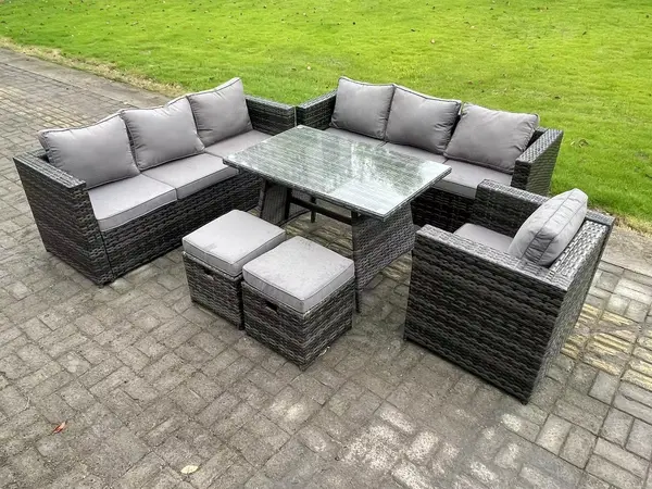 Image of Fimous 7 Seater Outdoor Dark Grey Wicker PE Rattan Lounge Complete Sofa Set with Patio Dining Table and 2 Stools