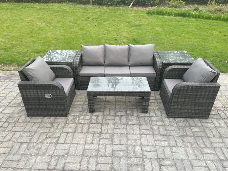 Image of Fimous Wicker PE Rattan Garden Furniture Set Outdoor Lounge Sofa Set with Reclining Chair Coffee Table 2 Side Tables Dark Grey unisex