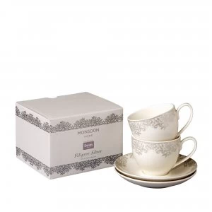 Image of Denby Monsoon Filigree Silver Set Of 2 Teacups and Saucers