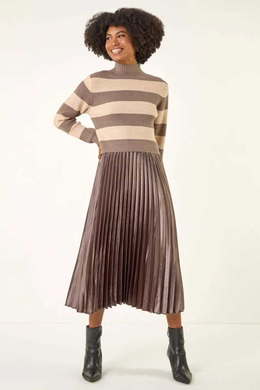 Image of Roman Womens Stripe Knit Pleated Dress in Tan Size: 14 Tan Female 14