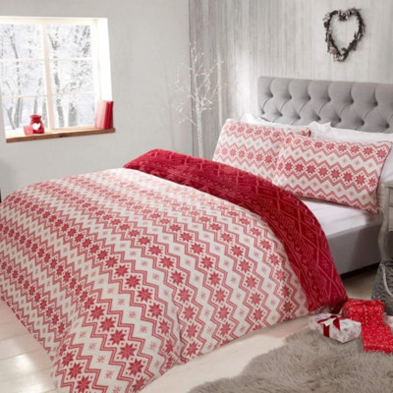 Image of Smart Living Smart Living Fairisle Flannel Fleece Reversible Duvet Cover with Pillowcases in Red Size: Double Red Double Unisex 5056242755883