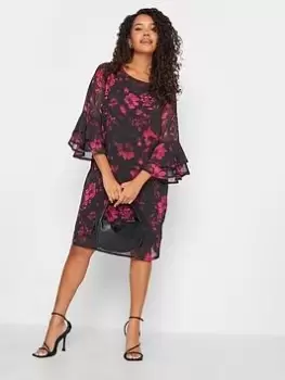 Image of M&Co Floral Flute Sleeve Shift Dress, Black, Size 14, Women