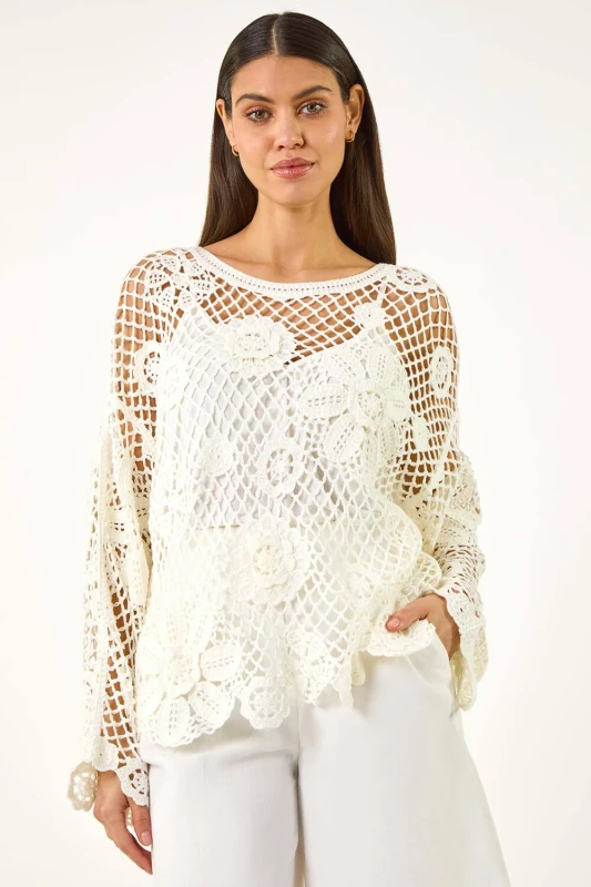 Image of Roman Womens Floral Open Crochet Knit Tunic in Ivory Size: Medium Ivory Female M