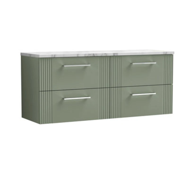 Image of Nuie Deco Wall Hung 4-Drawer Vanity Unit & Carrera Marble Laminate Worktop, Counter Top Vanity Unit In Satin Green, 1200mm