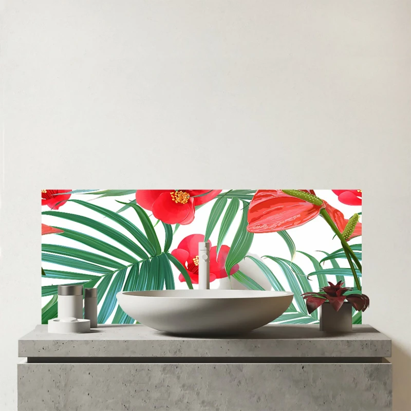 Image of Warren Reed - Designer Tropical Flowers, Palm Leaves Hawaiian Glass Bathroom Splashback in Green Green Unisex