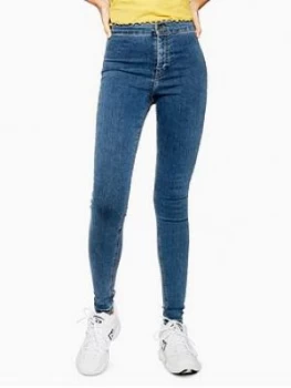 Image of Topshop Joni Super High Waisted Power Stretch Mid Blue Skinny Jeans, Mid Denim, Size 30, Inside Leg 34, Women