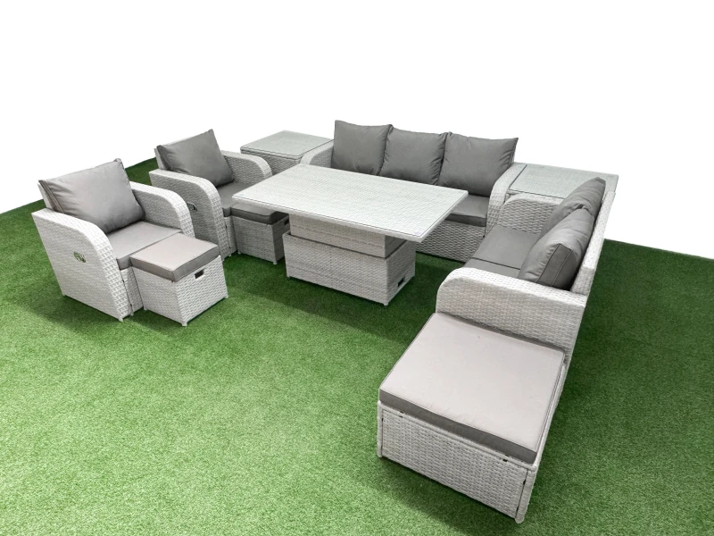 Image of Fimous PE Rattan Garden Furniture Set Adjustable Lifting Dining or Coffee Table 3 Stools 2 Side Table Light Grey