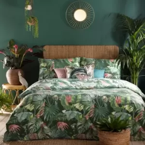 Image of Furn. Amazonia Jade Floral Reversible Duvet Cover and Pillowcase Set Green/Pink