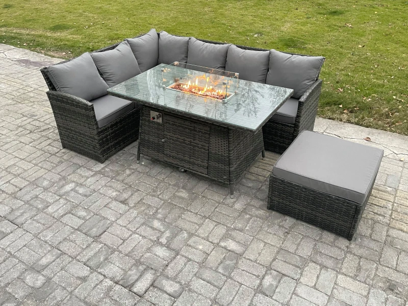 Image of Fimous 7 Seater Rattan Garden Furniture Sets High Back Corner Sofa Fire Pit Dining Table Sets Gas Heater with Big Footstool Dark Grey Mixed Dark Grey