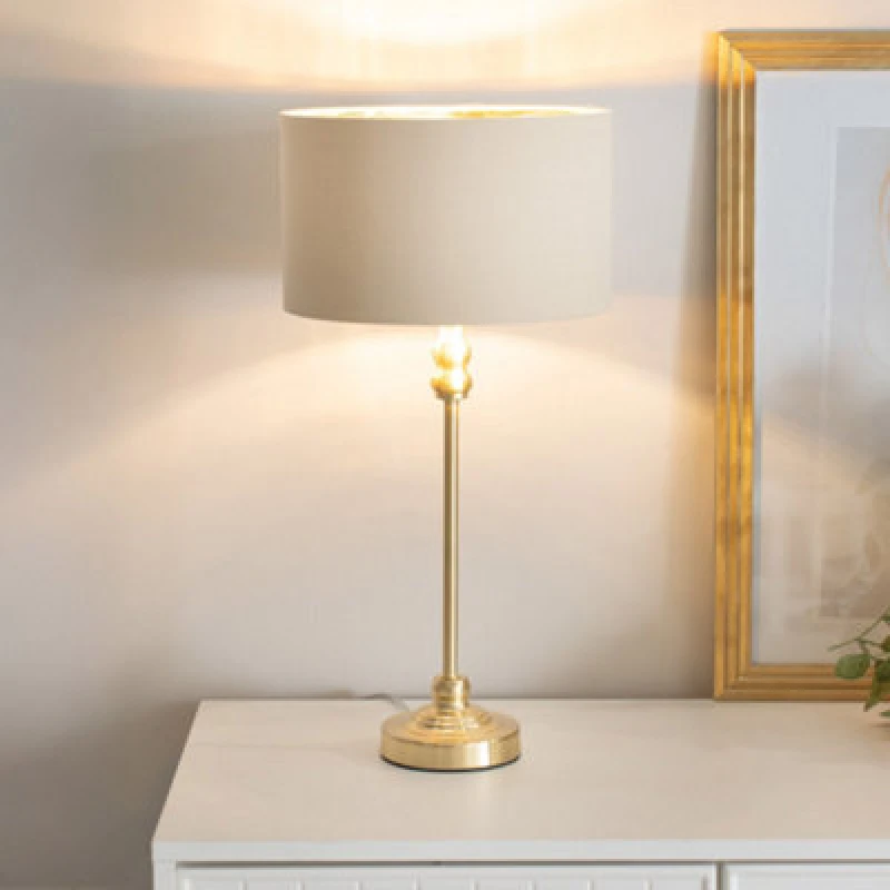 Image of ValueLights ValueLights Maggie Gold Candlestick Table Lamp with Fabric with Gold Inner Lamp Shade & Bulb in Natural Natural One Size Unisex 5059406061