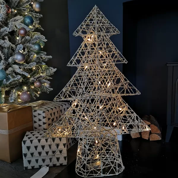 Image of 80cm Warm White Battery Operated LED White and Gold Woven Tree Silhouette Christmas Decoration